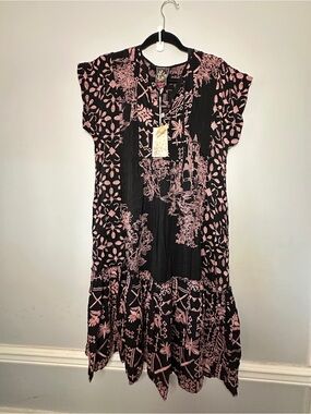 Johnny Was Merhawi Black Dress with Pink Embroidery.